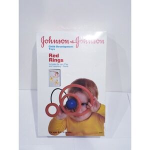 Vintage Johnson & Johnson Red Rings Shaker Ball Rattle Teether Baby Toy - NEW